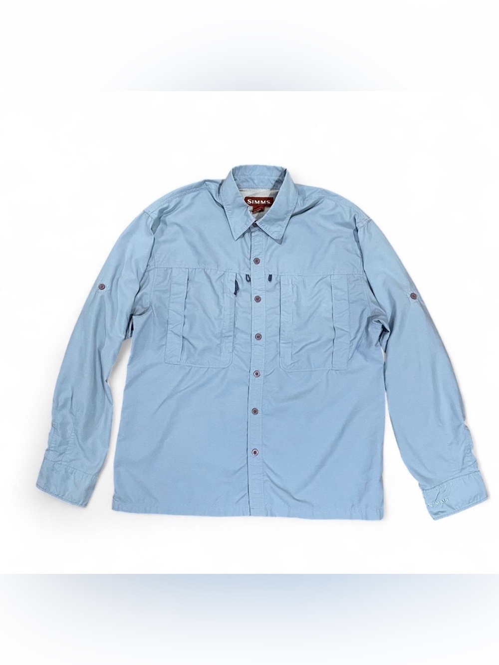 Simms Fishing Shirt Medium Light Blue Button Up Long Sleeve Vented Sport Pockets